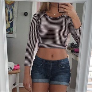 maroon and white long sleeved striped crop top